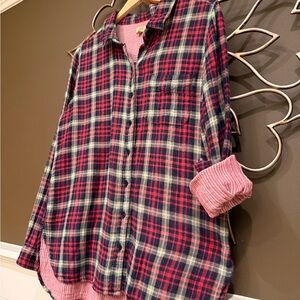 Red Navy Plaid Button-Up Shirt